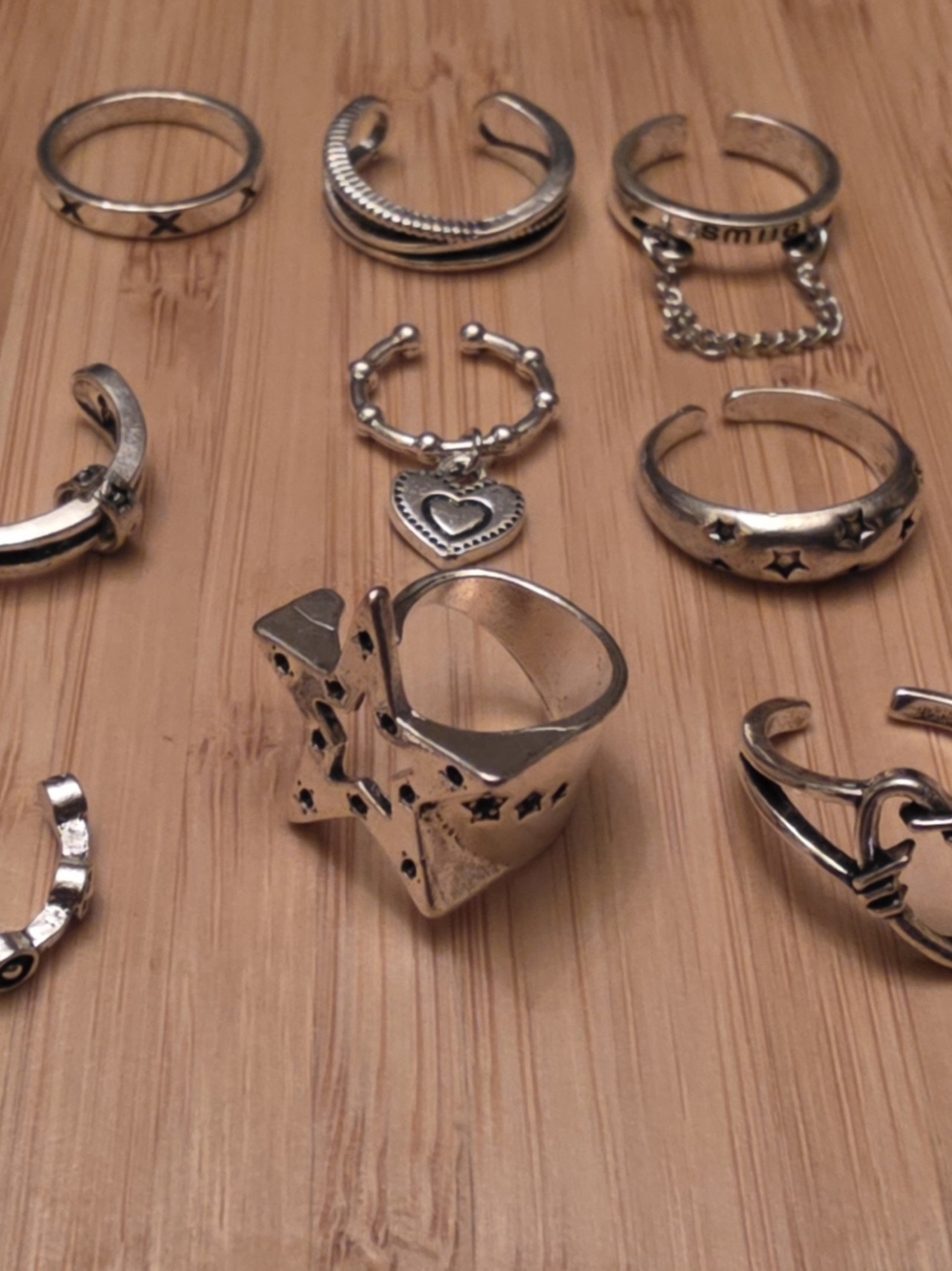 Silver Tone Stackable Rings Set with Heart Charm - Picture 2 of 2